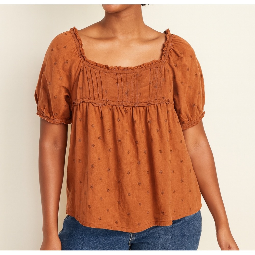 Old Navy Womens Embroidered Ruffle Square Neck‎ puff sleeve babydoll top sz M